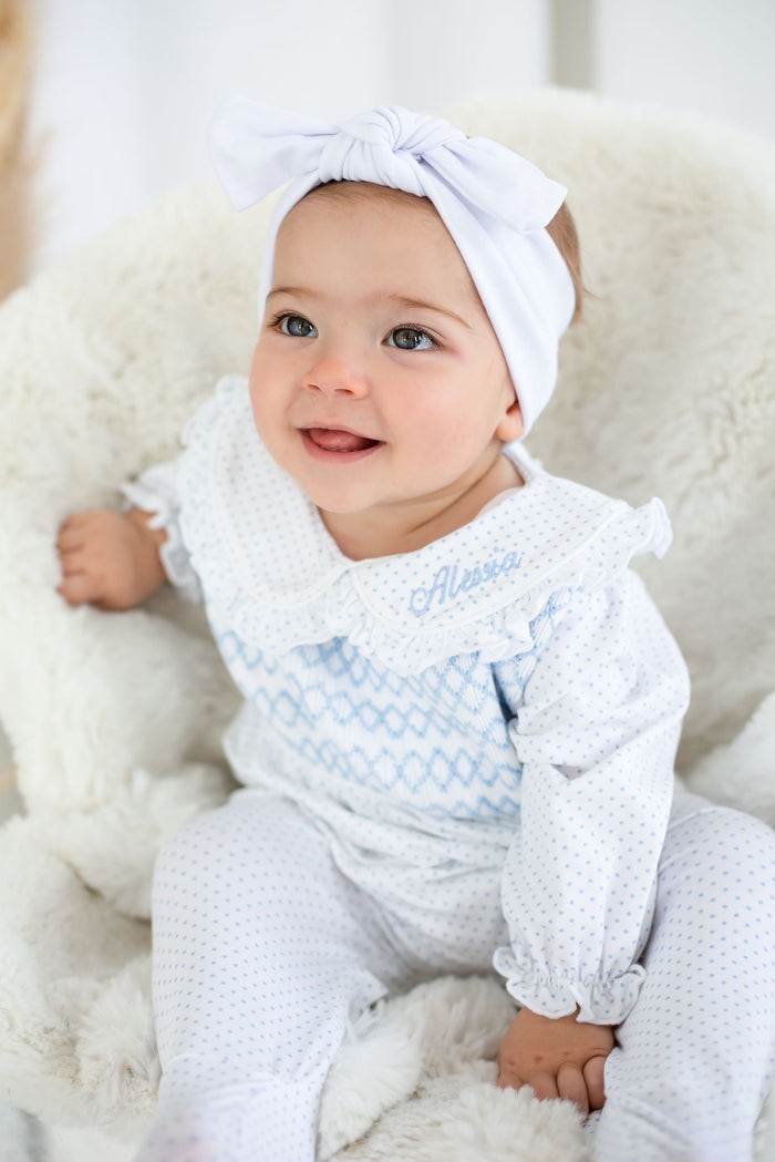 Girls Blue Personalised Swiss Dot Smocked baby grow