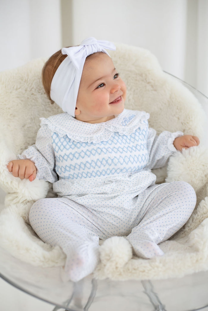 Girls Blue Personalised Swiss Dot Smocked baby grow