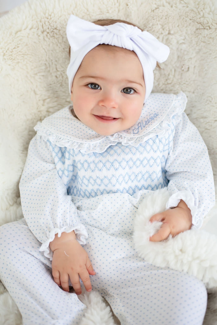 Girls Blue Personalised Swiss Dot Smocked baby grow