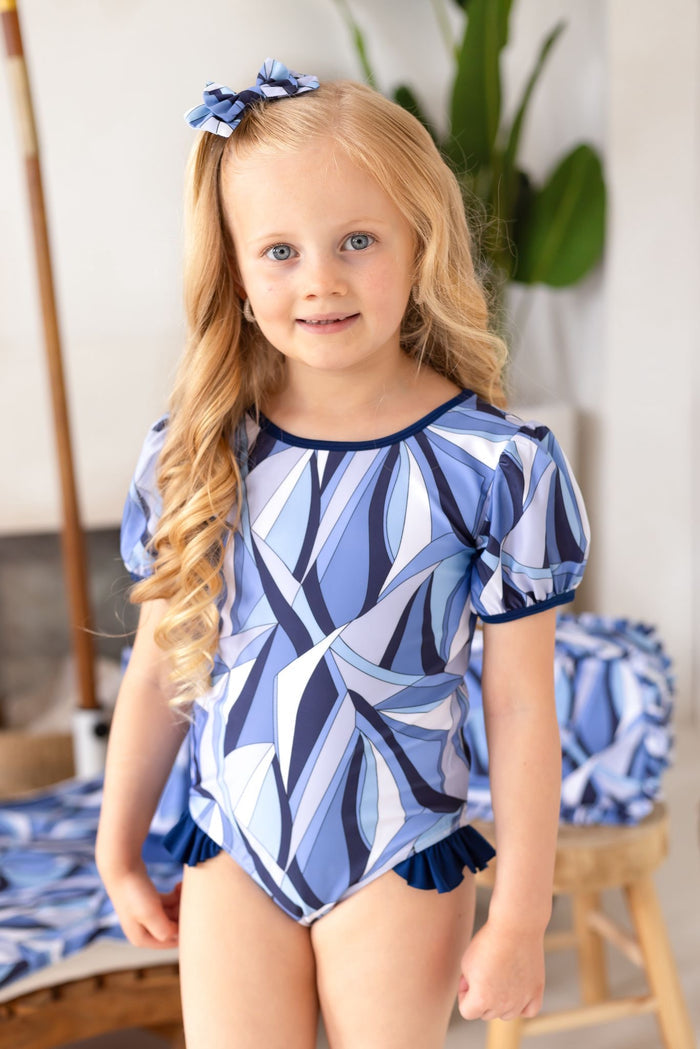 Girls Blue Riviera Muse Puff Sleeve Swimsuit