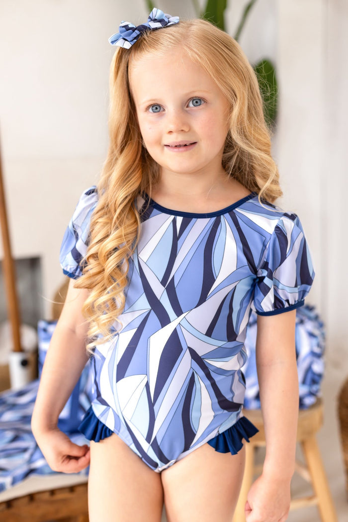Girls Blue Riviera Muse Puff Sleeve Swimsuit