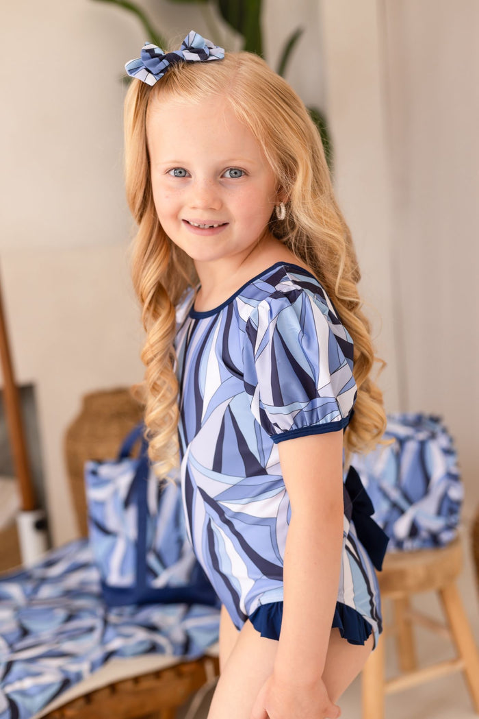 Girls Blue Riviera Muse Puff Sleeve Swimsuit