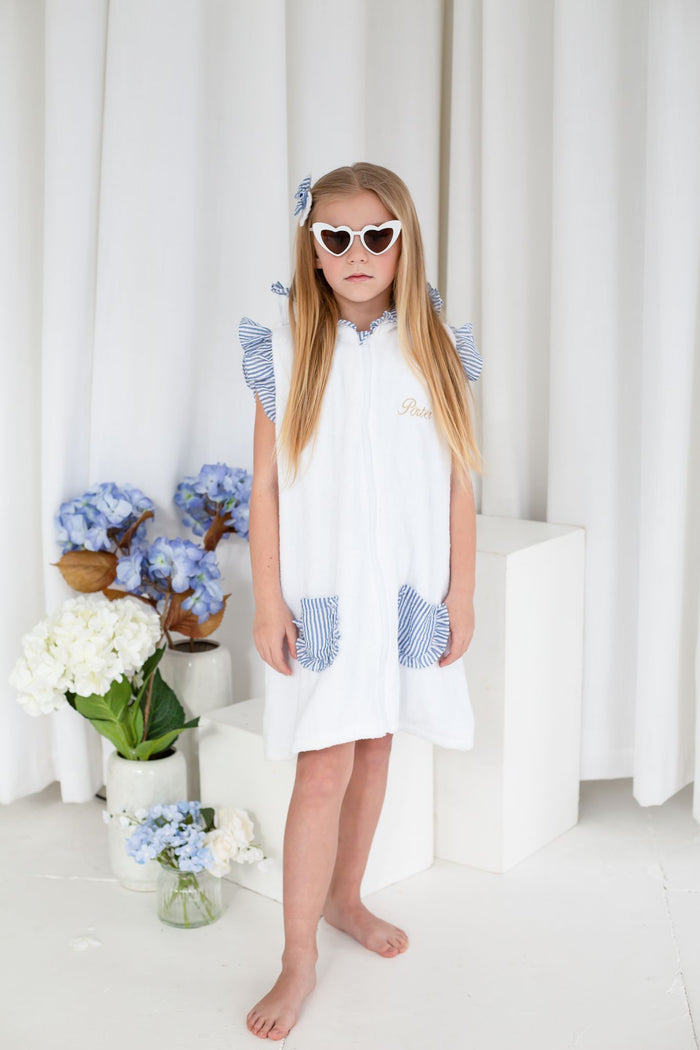 Girls Dark Blue Stripe Seersucker Towelling Coverup