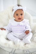 Girls Lilac Personalised Swiss Dot Smocked baby grow