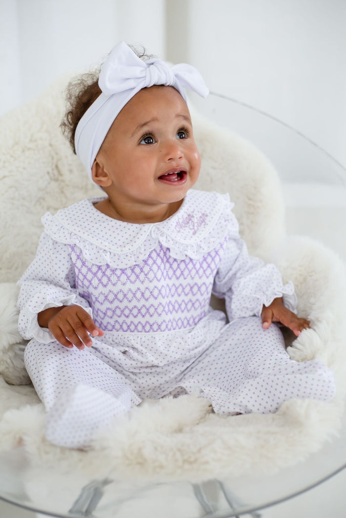 Girls Lilac Personalised Swiss Dot Smocked baby grow