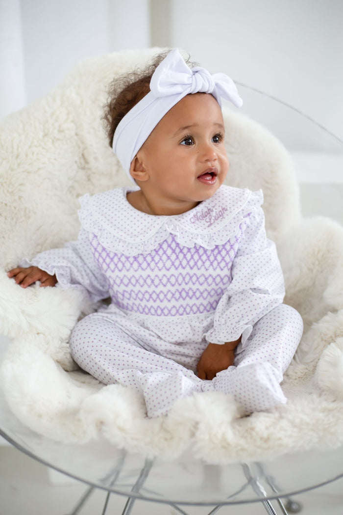 Girls Lilac Personalised Swiss Dot Smocked baby grow