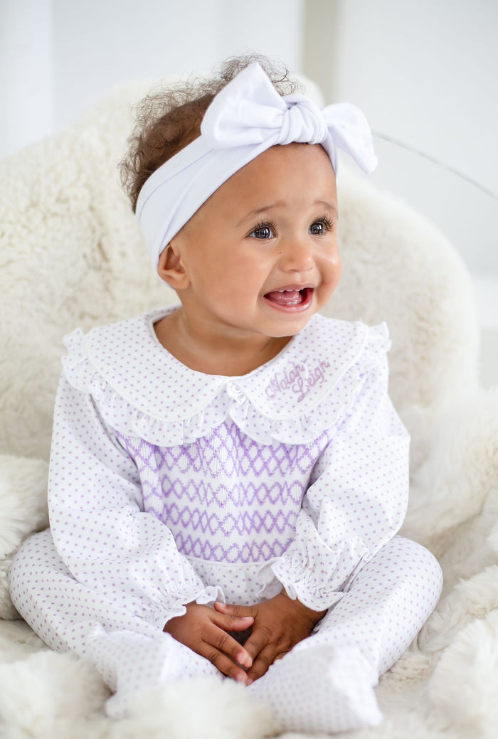 Girls Lilac Personalised Swiss Dot Smocked baby grow