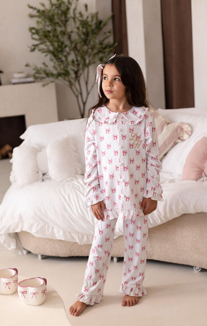 Girls Personalised Long Sleeve and Leg Pink Bow Print Pyjamas