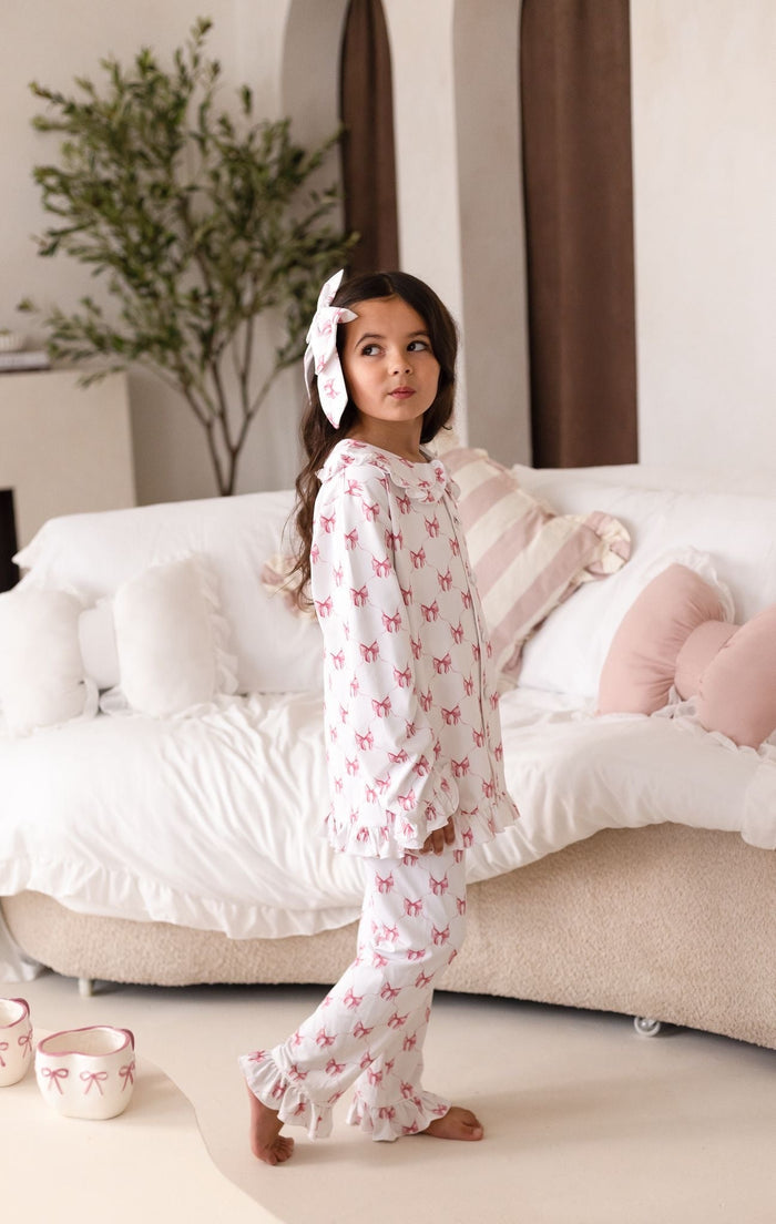 Girls Personalised Long Sleeve and Leg Pink Bow Print Pyjamas