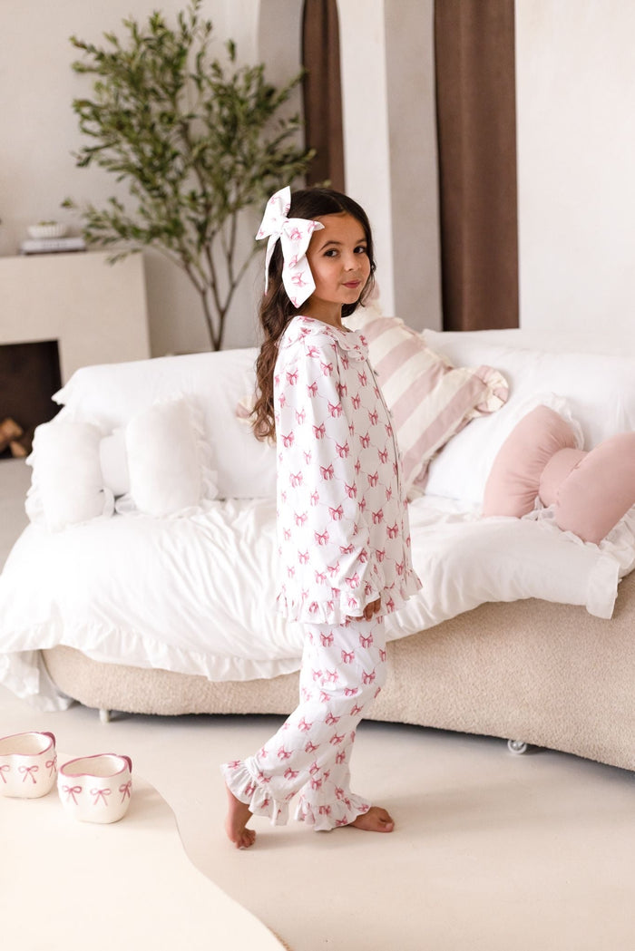 Girls Personalised Long Sleeve and Leg Pink Bow Print Pyjamas