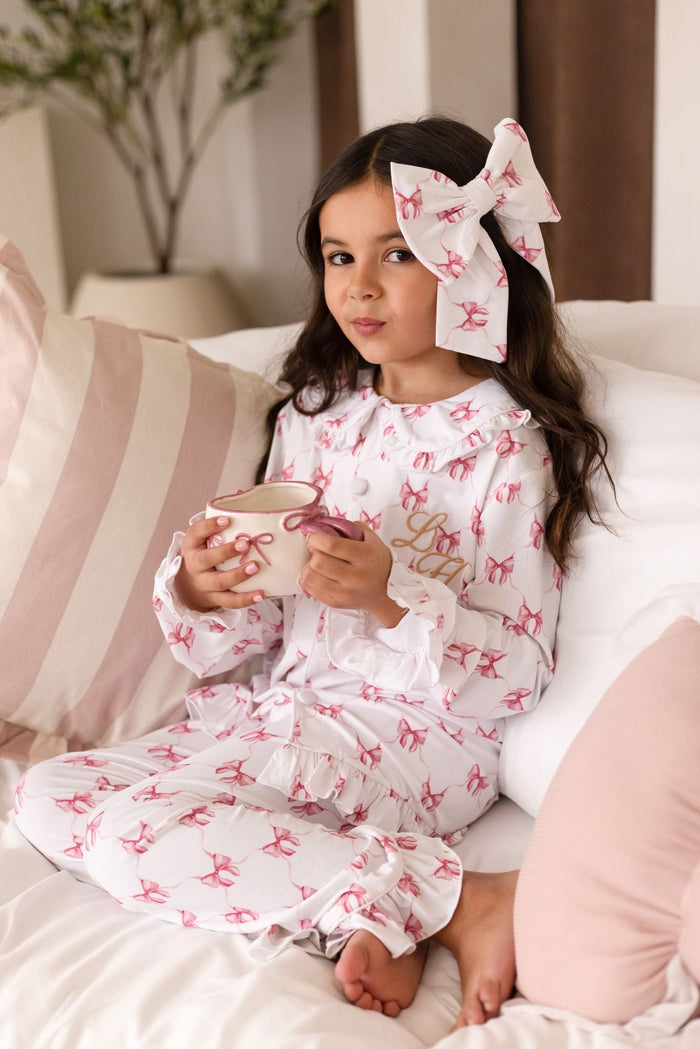 Girls Personalised Long Sleeve and Leg Pink Bow Print Pyjamas