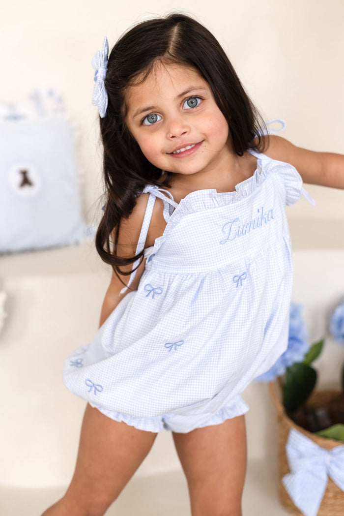Girls Personalised Petite Bleu Gingham Bubble Romper