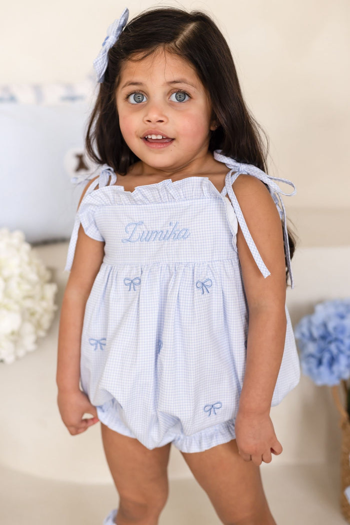 Girls Personalised Petite Bleu Gingham Bubble Romper