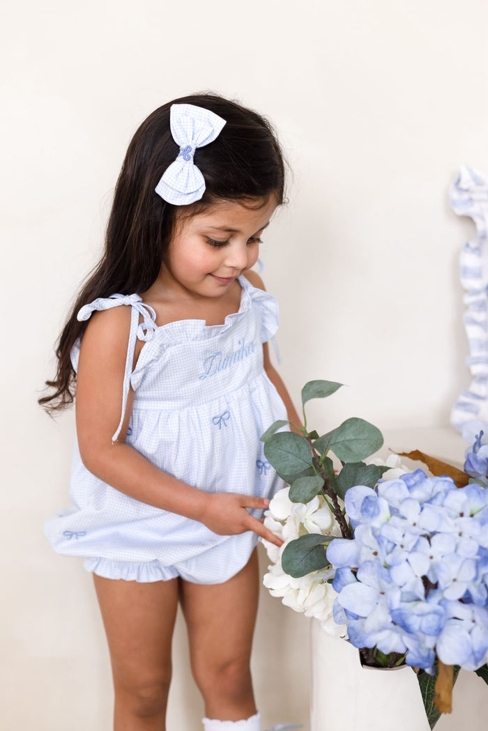 Girls Personalised Petite Bleu Gingham Bubble Romper