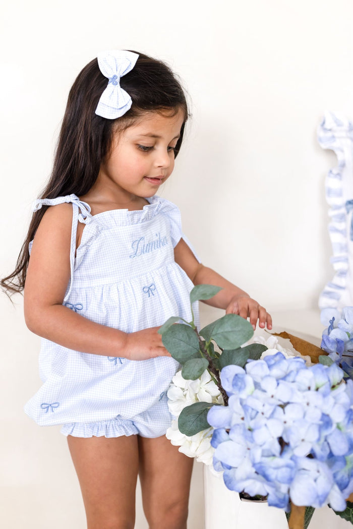 Girls Personalised Petite Bleu Gingham Bubble Romper