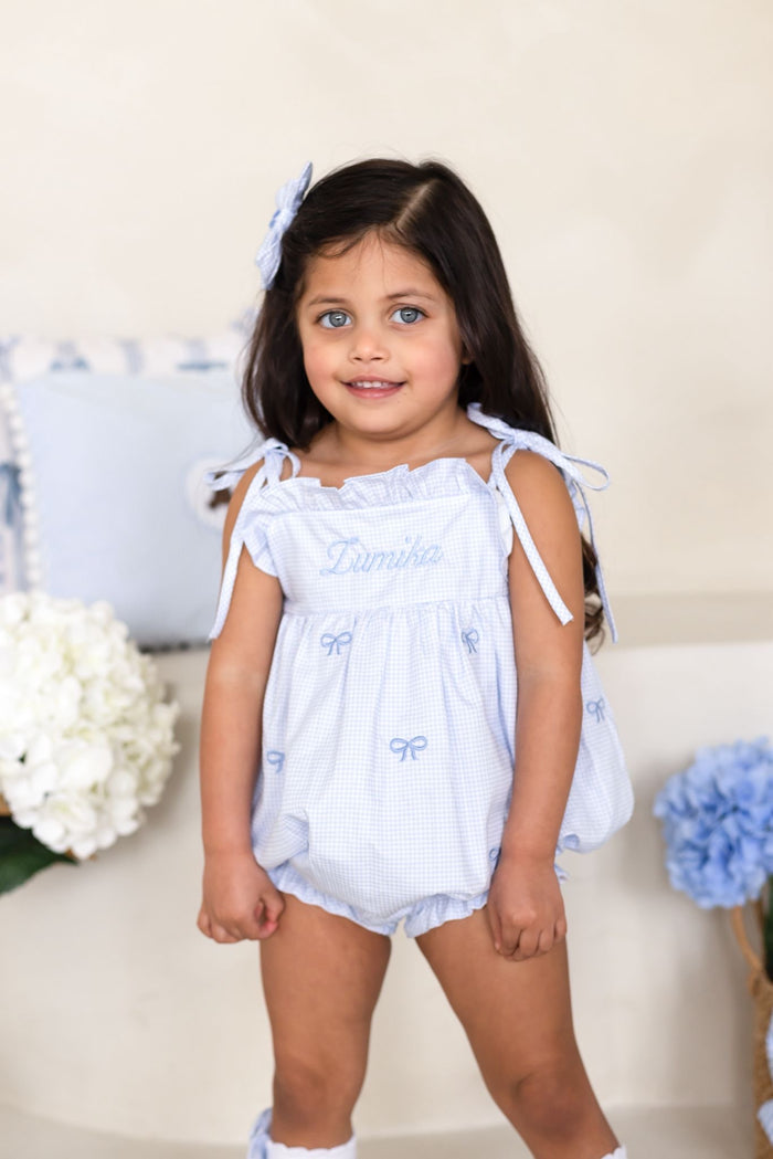Girls Personalised Petite Bleu Gingham Bubble Romper