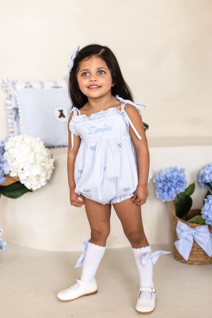 Girls Personalised Petite Bleu Gingham Bubble Romper