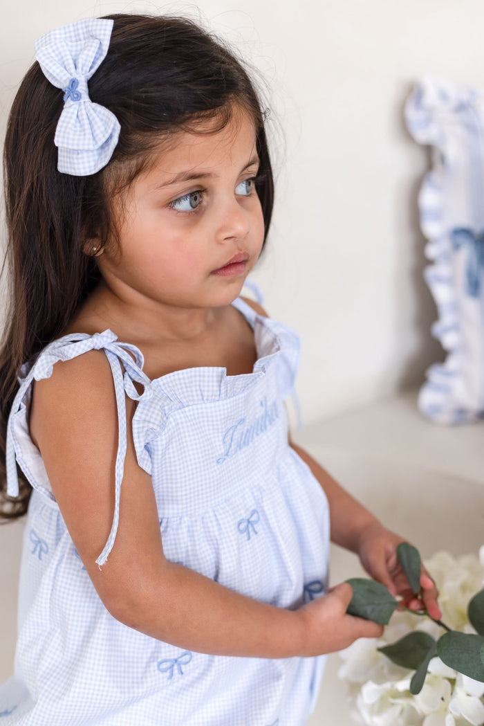 Girls Personalised Petite Bleu Gingham Bubble Romper