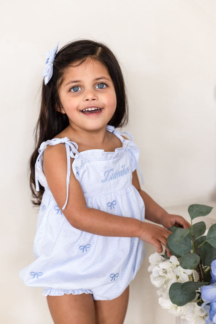 Girls Personalised Petite Bleu Gingham Bubble Romper