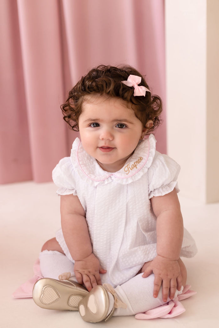 Girls Personalised Seersucker Short Sleeve Romper Trimmed With Pink