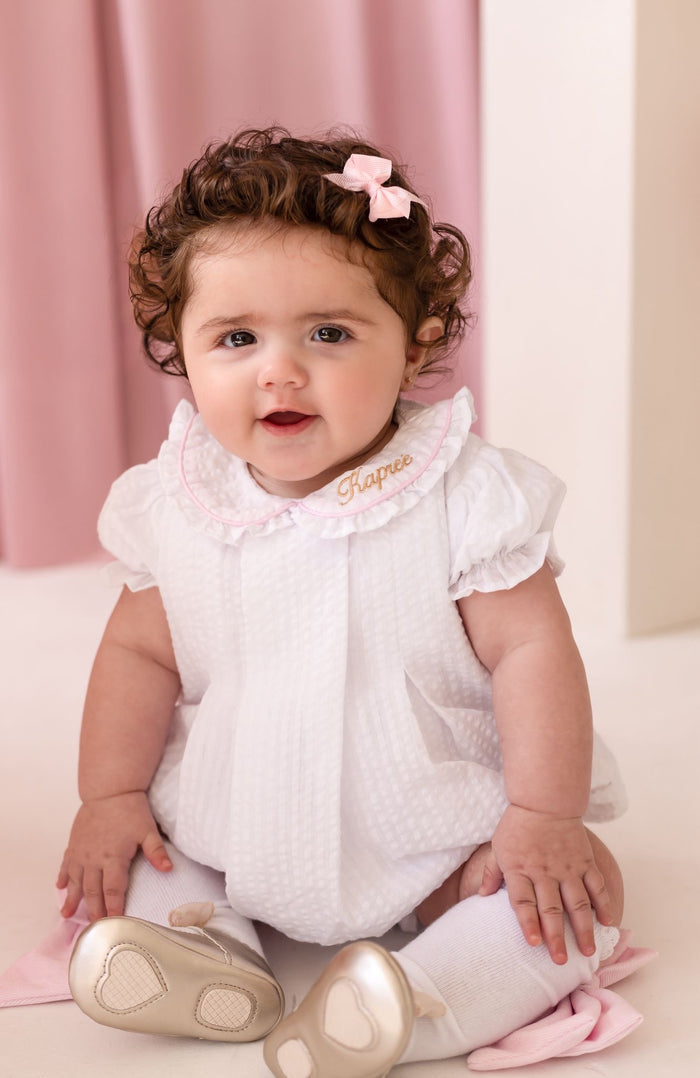 Girls Personalised Seersucker Short Sleeve Romper Trimmed With Pink