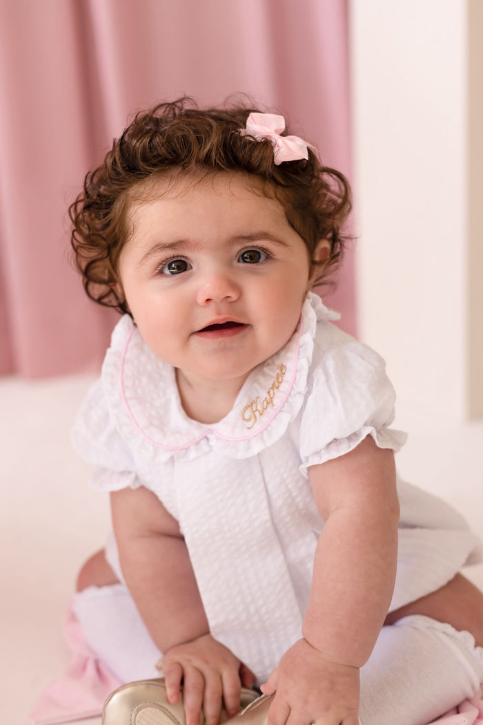 Girls Personalised Seersucker Short Sleeve Romper Trimmed With Pink