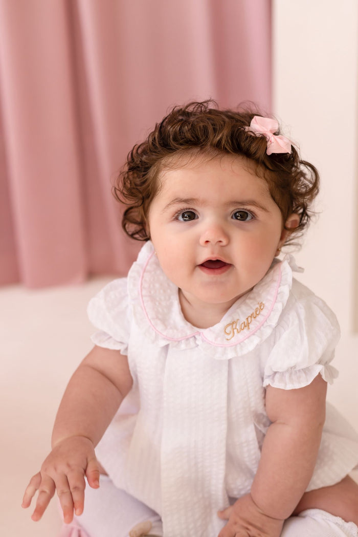 Girls Personalised Seersucker Short Sleeve Romper Trimmed With Pink
