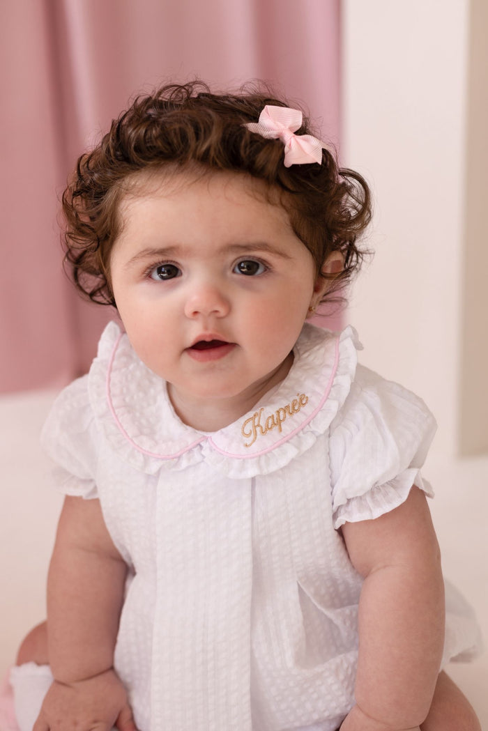 Girls Personalised Seersucker Short Sleeve Romper Trimmed With Pink