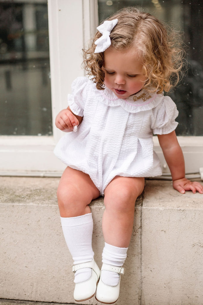 Girls Personalised Seersucker Short Sleeve Romper Trimmed With Pink
