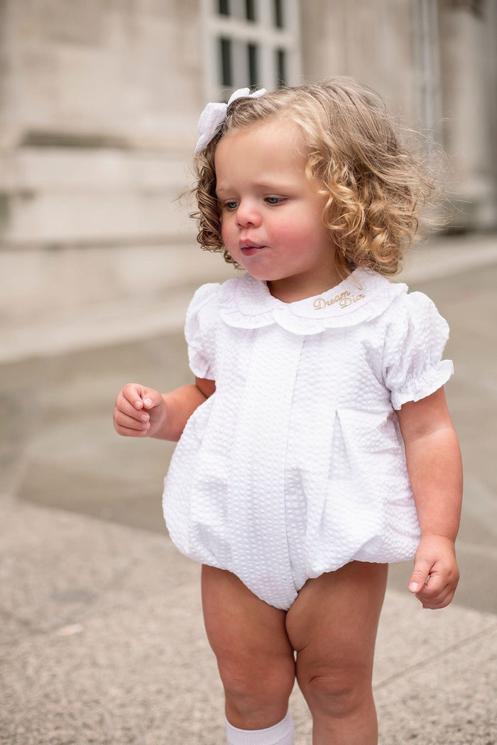 Girls Personalised Seersucker Short Sleeve Romper Trimmed With Pink