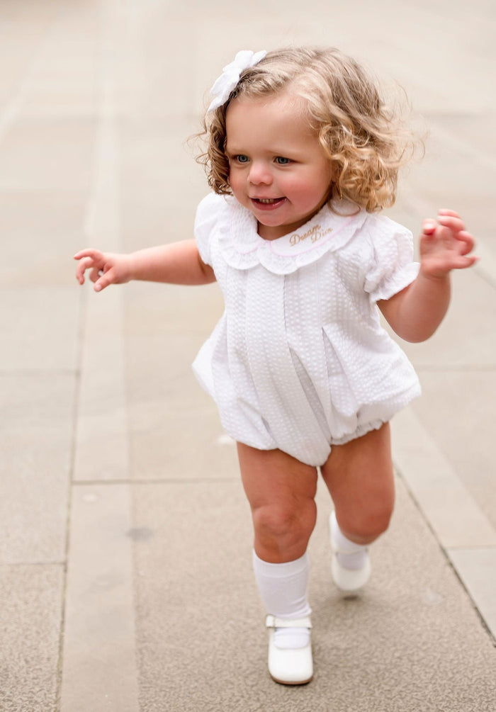 Girls Personalised Seersucker Short Sleeve Romper Trimmed With Pink