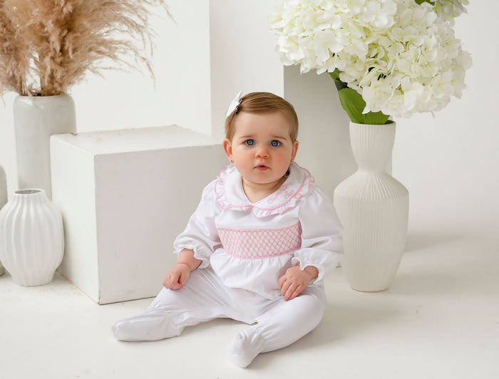 Girls Personalised Smocked Baby Grow - White Trimmed with Pink