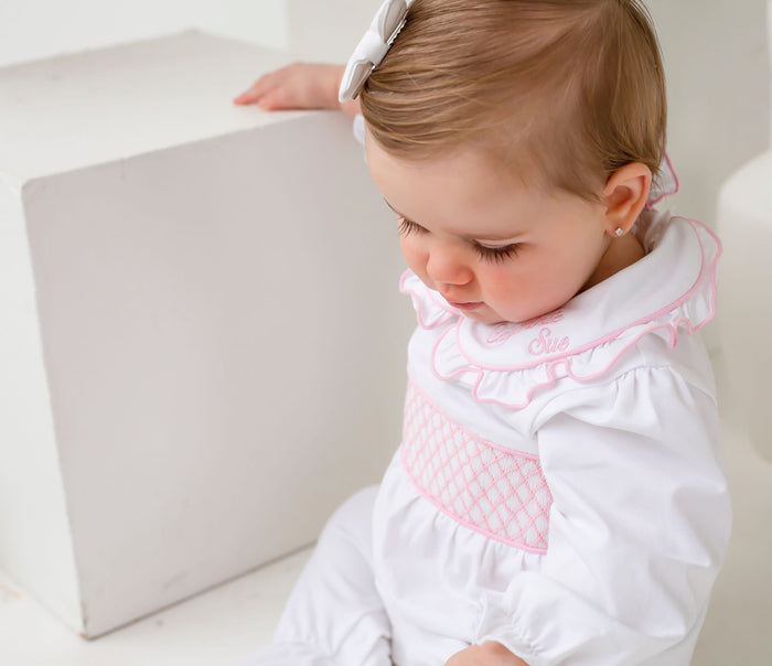 Girls Personalised Smocked Baby Grow - White Trimmed with Pink