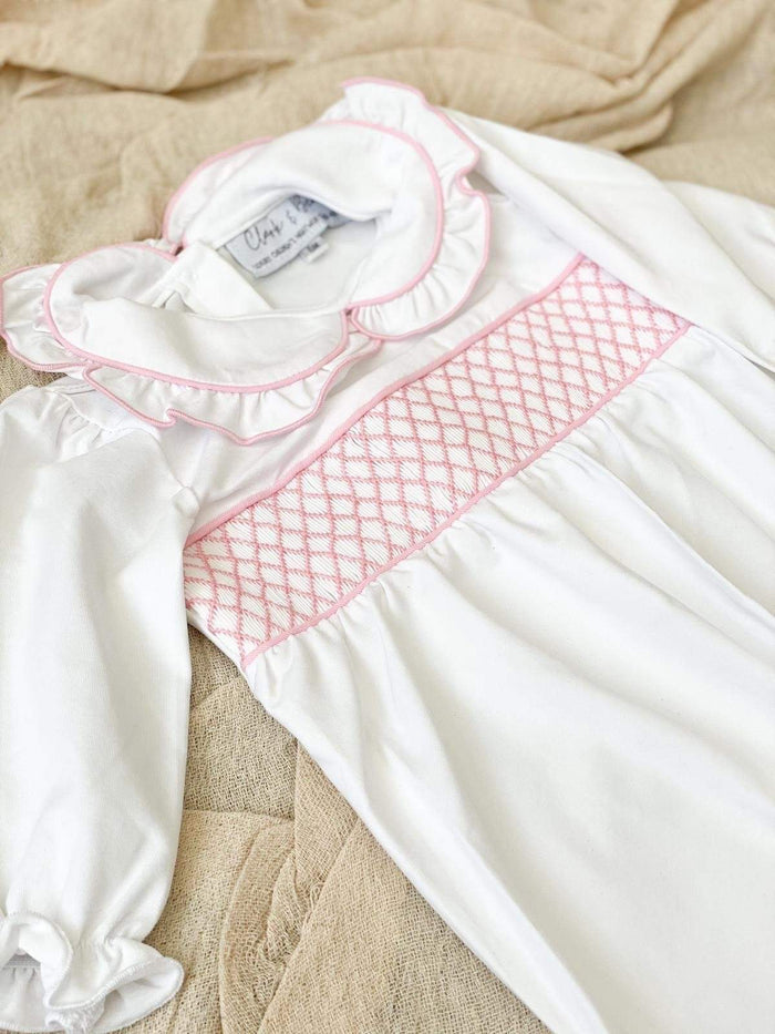 Girls Personalised Smocked Baby Grow - White Trimmed with Pink