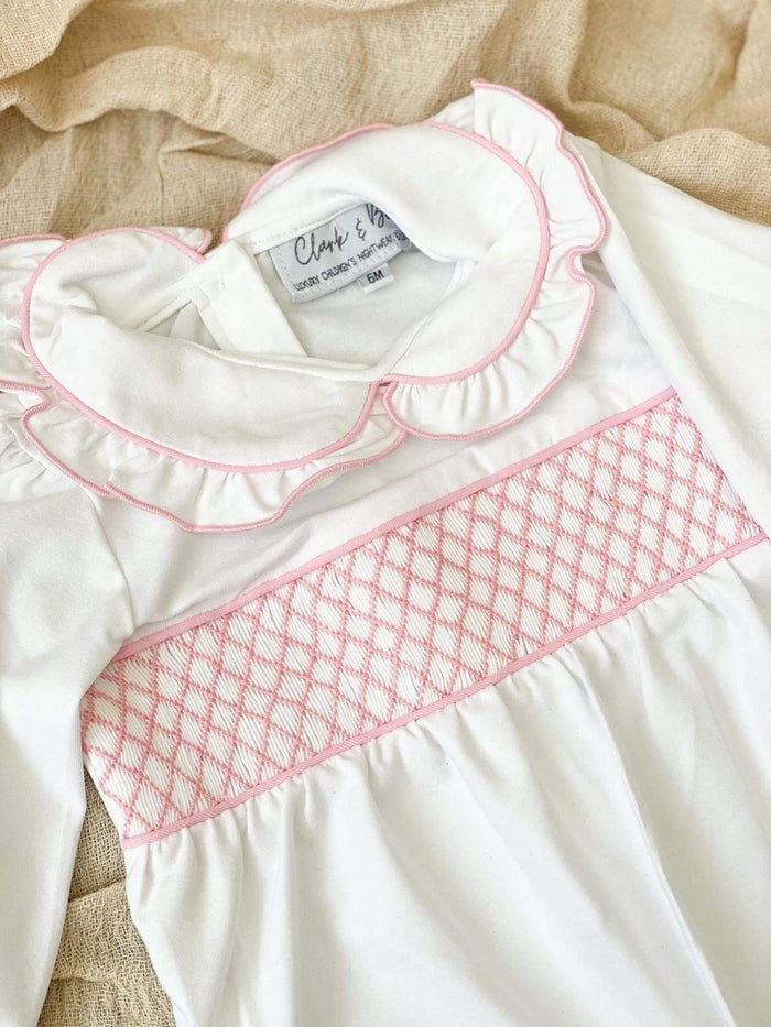 Girls Personalised Smocked Baby Grow - White Trimmed with Pink