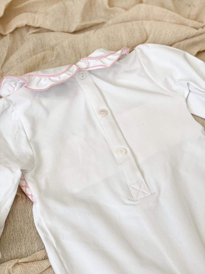 Girls Personalised Smocked Baby Grow - White Trimmed with Pink