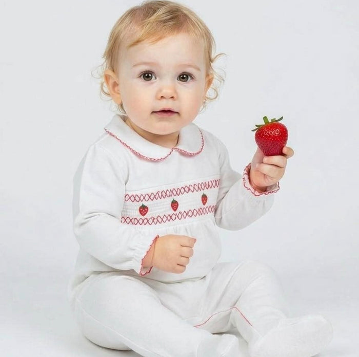 Girls Personalised Strawberry Smocked Babygrow