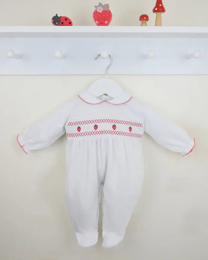 Girls Personalised Strawberry Smocked Babygrow