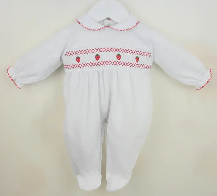Girls Personalised Strawberry Smocked Babygrow