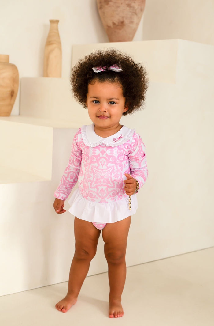 Girls Pink Capri Print Long Sleeve Swimsuit