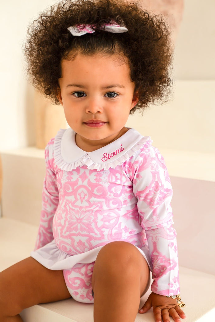 Girls Pink Capri Print Long Sleeve Swimsuit