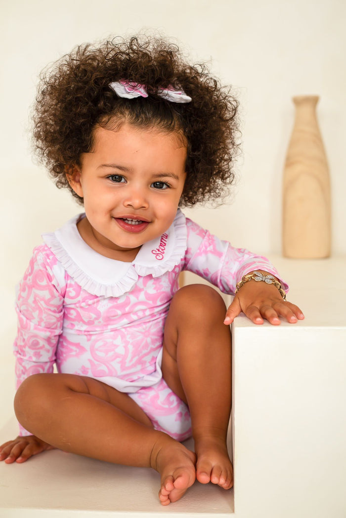 Girls Pink Capri Print Long Sleeve Swimsuit