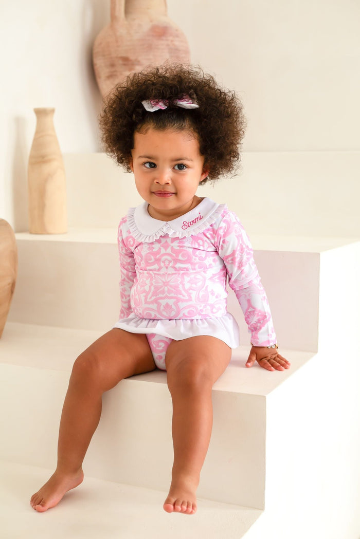 Girls Pink Capri Print Long Sleeve Swimsuit