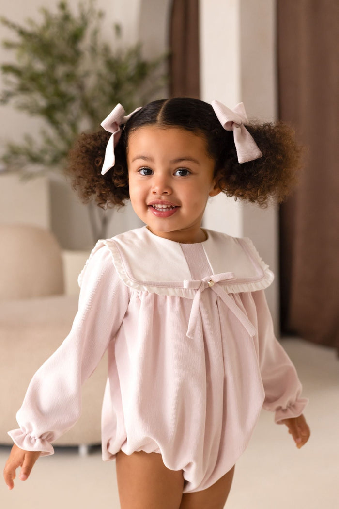 Girls Pink Cord Romper With Bow Detail