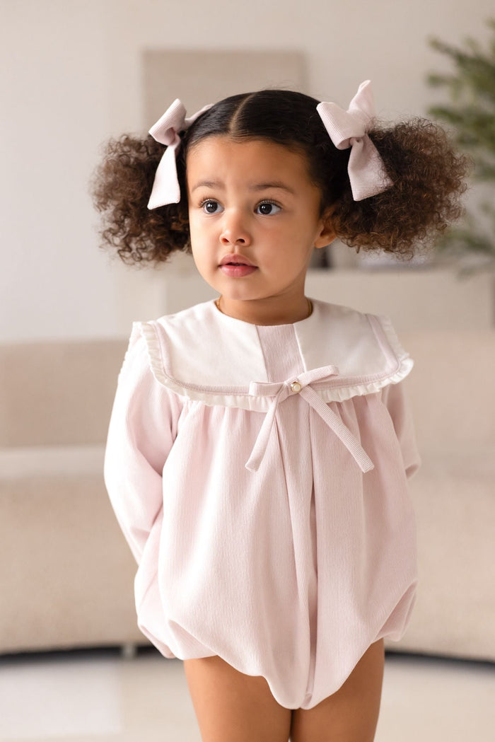 Girls Pink Cord Romper With Bow Detail