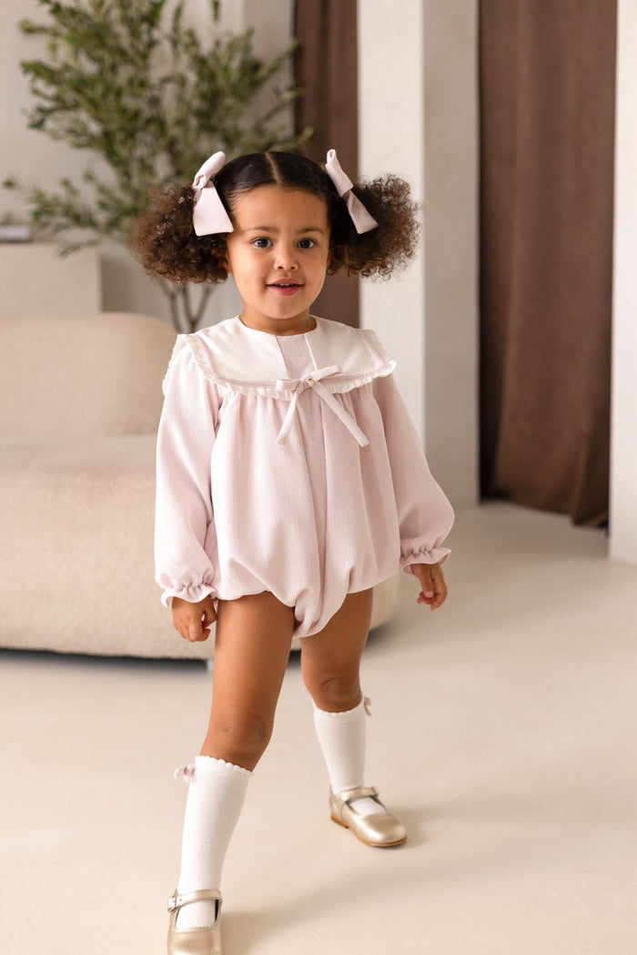 Girls Pink Cord Romper With Bow Detail
