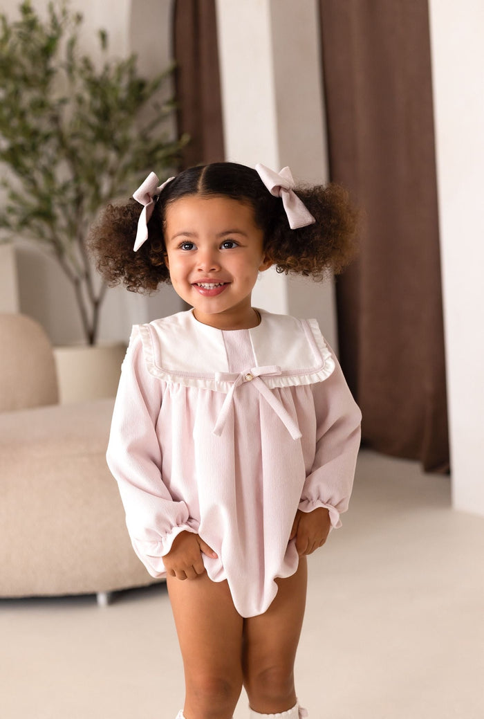 Girls Pink Cord Romper With Bow Detail
