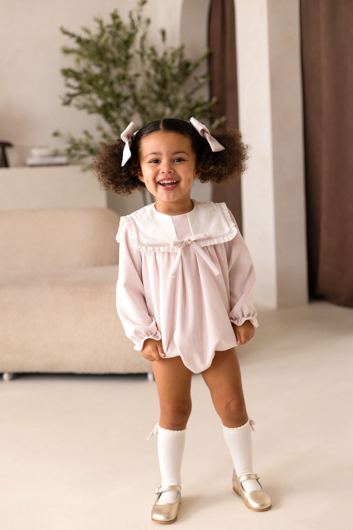 Girls Pink Cord Romper With Bow Detail