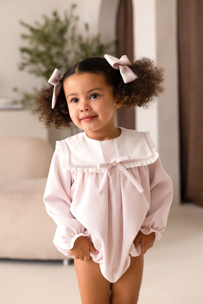 Girls Pink Cord Romper With Bow Detail