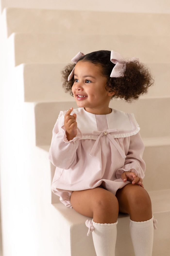 Girls Pink Cord Romper With Bow Detail
